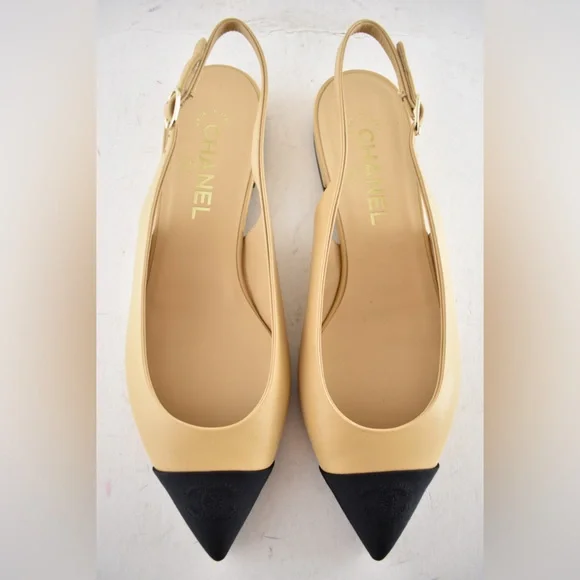 Chanel 24A Beige Leather Black CC Logo Coco Slingback Pointed Ballet Flat 39 - Picture 9 of 15